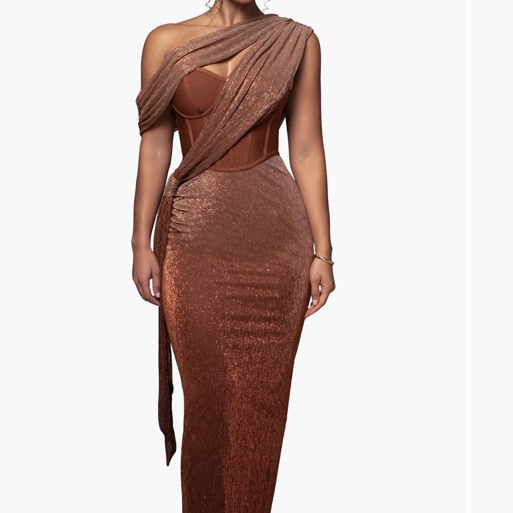 JLUXLABEL One-Shoulder Metallic Copper Brown Evening Gown
